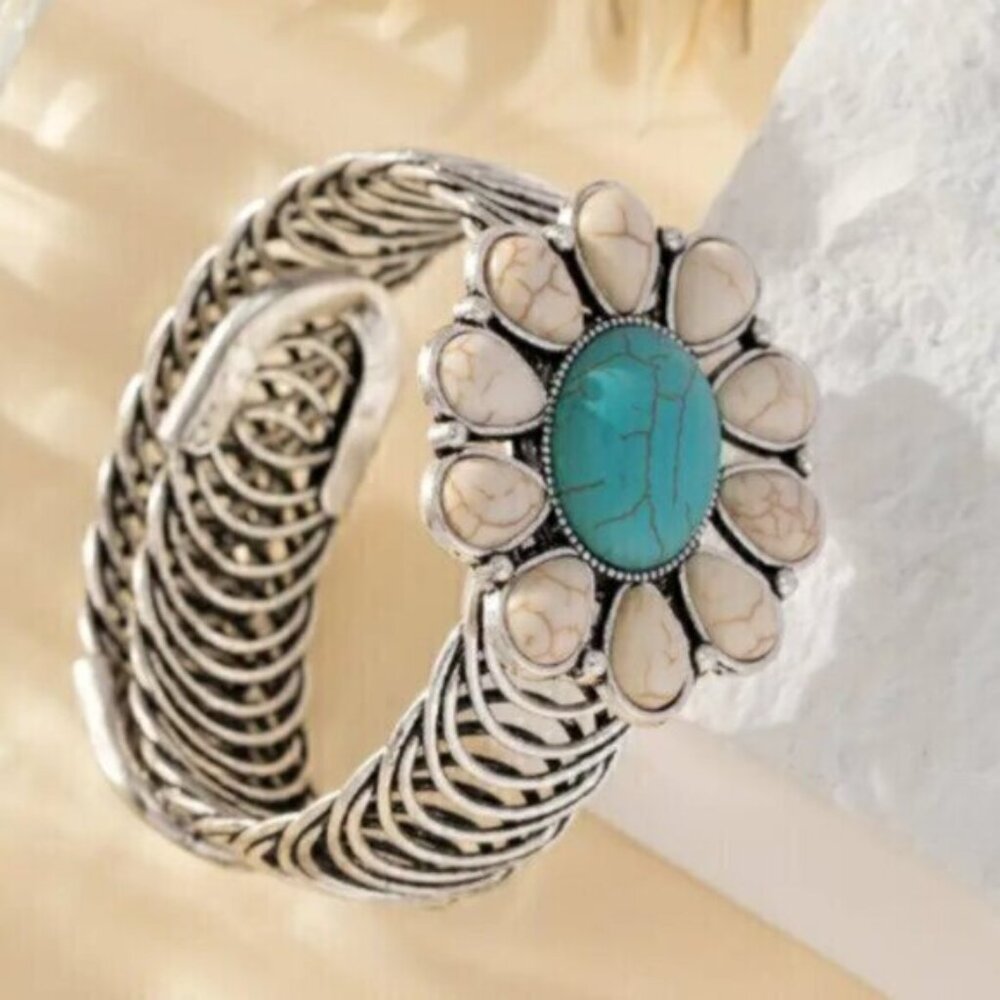 White Sunflower Turquoise Bangle Western Native American Bracelet